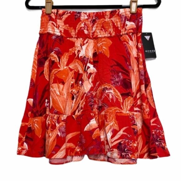 Guess Red Orange Floral Rona Smocked Skirt - Picture 2 of 7
